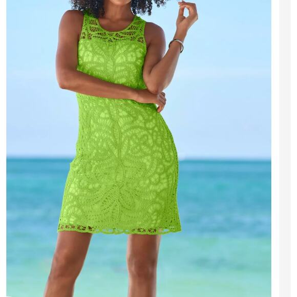 Boston Proper Sleeveless Crochet Dress Green Medium Lined Shift - Picture 7 of 8